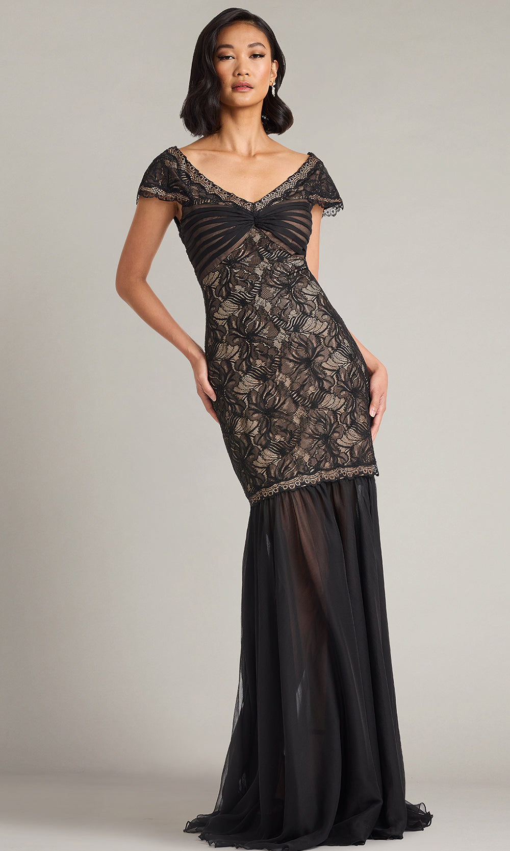 Tadashi Shoji CKI24883L - Off Shoulder Lace Bodice Evening Gown Prom Dresses in Black and Neutral
