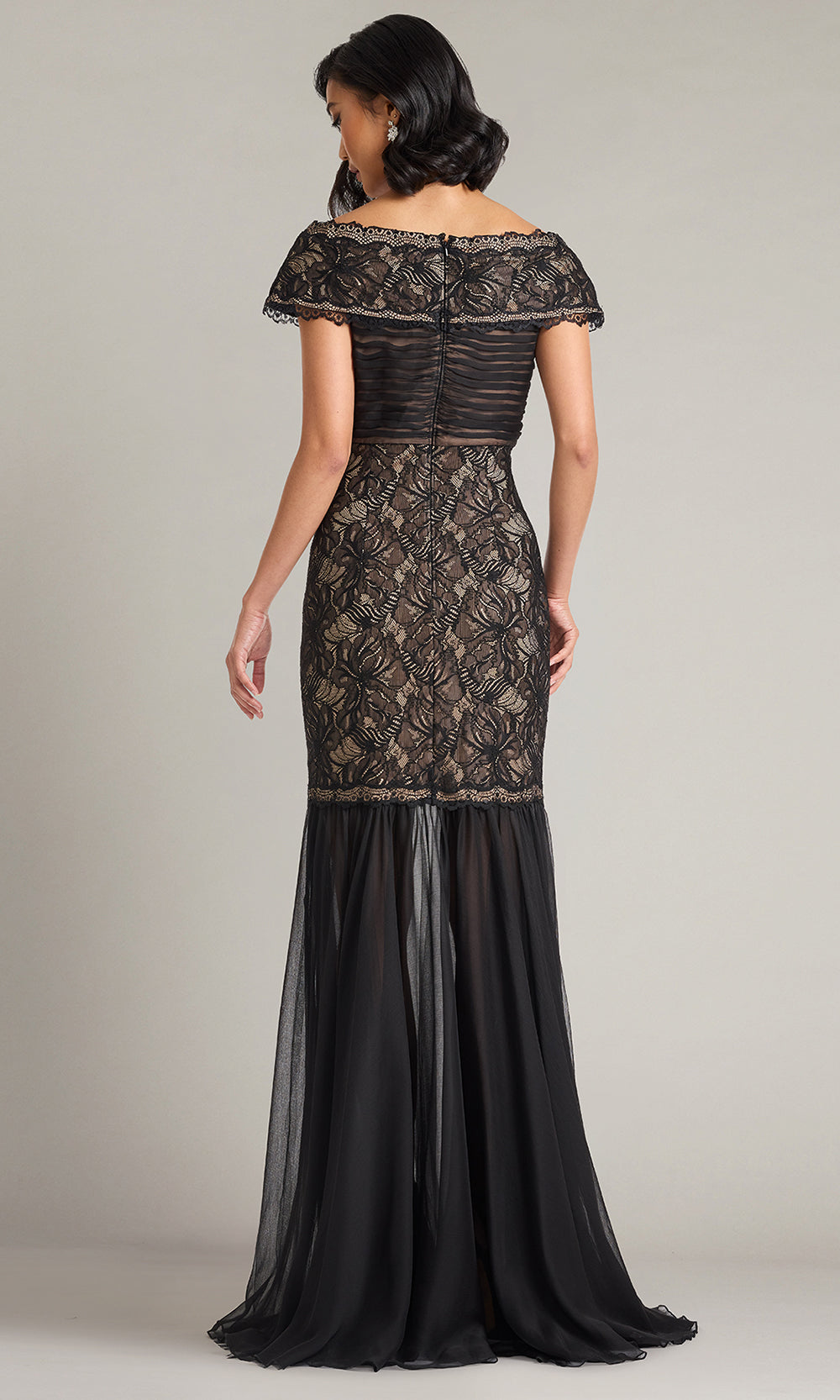 Tadashi Shoji CKI24883L - Off Shoulder Lace Bodice Evening Gown Prom Dresses in Black and Neutral