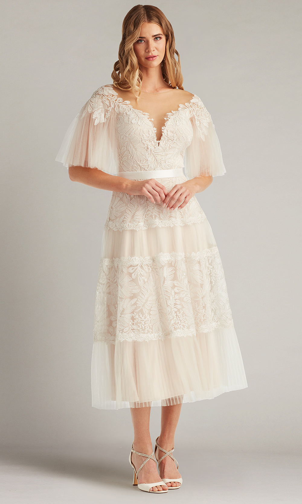 Tadashi Shoji CHU25419MDX - Illusion Neckline Embroidered Midi Dress Cocktail Dresses in White  