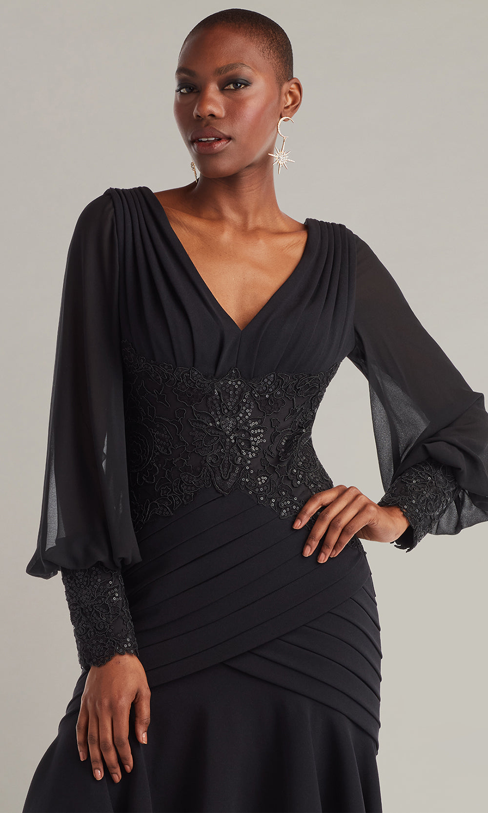 Tadashi Shoji BOS25682M - Kalina Blouson Sleeve High-Low Embroidered Dress Mother of the Bride Dresses in Black  