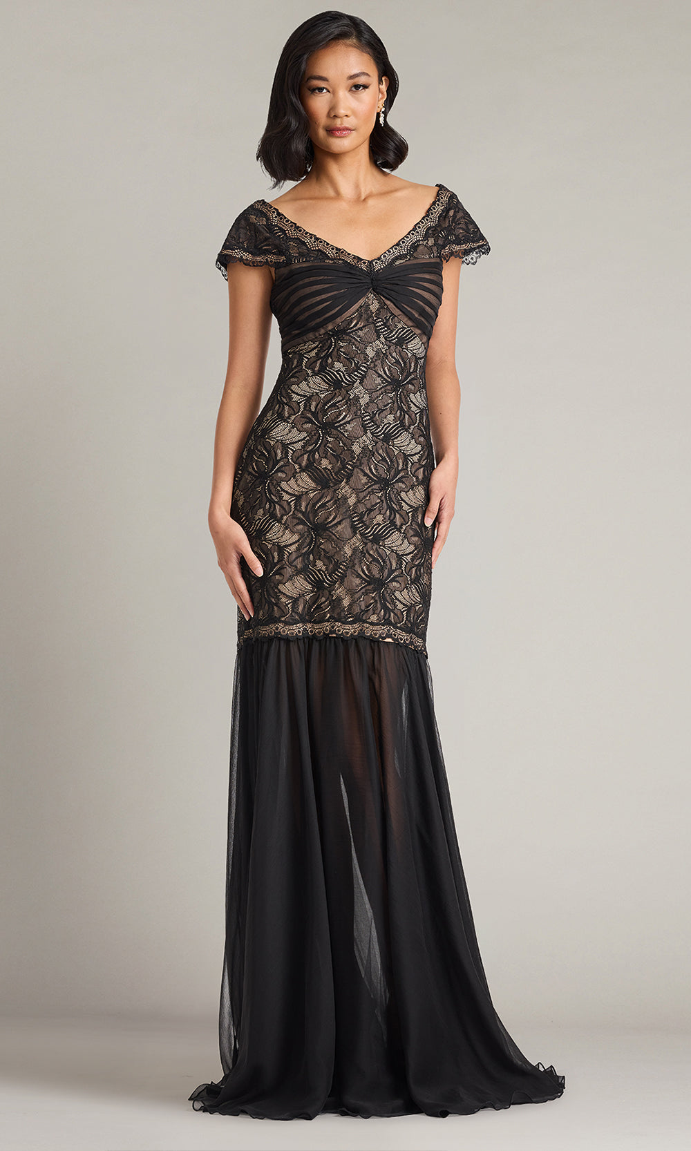 Tadashi Shoji CKI24883L - Off Shoulder Lace Bodice Evening Gown Prom Dresses in Black and Neutral