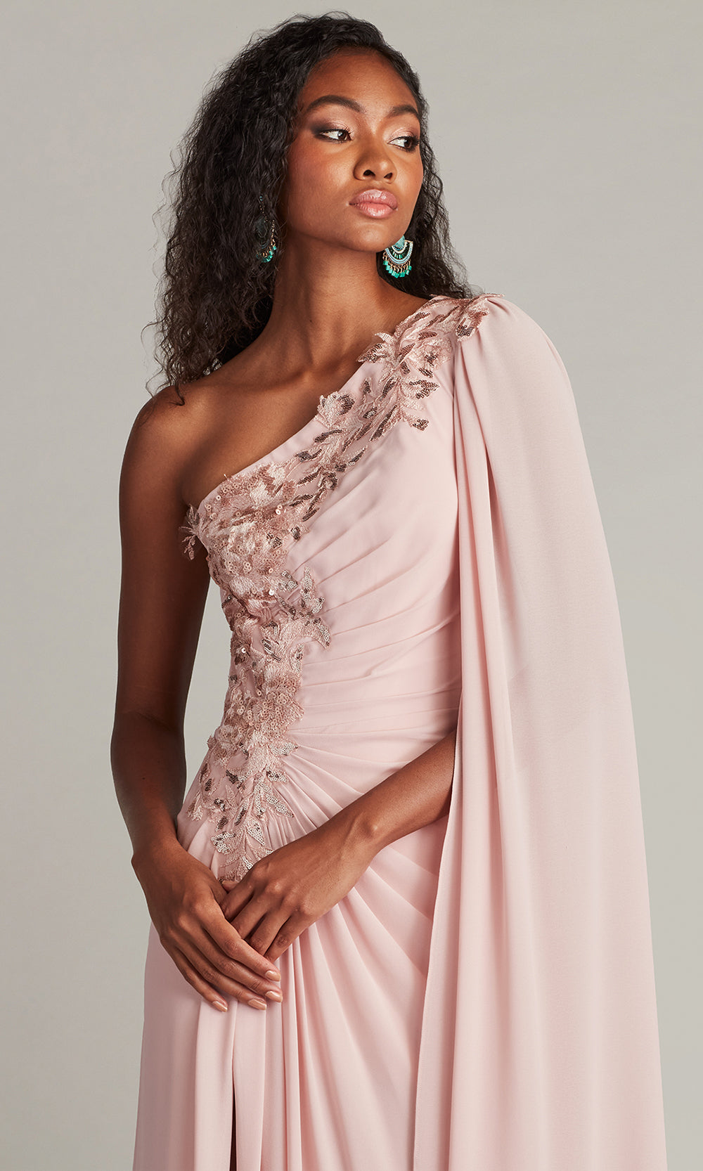 Tadashi Shoji CHS25368L - Sonora Cape Sleeve One Shoulder Gown Prom Dresses in Pink  