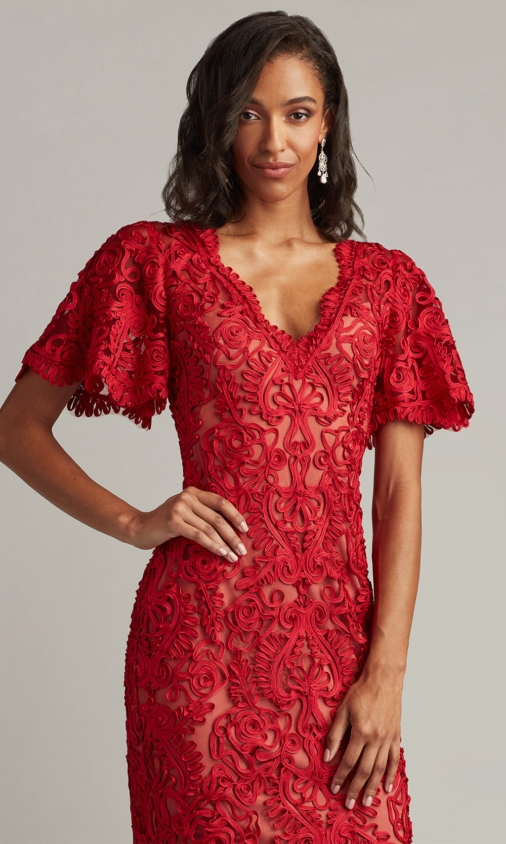 Tadashi Shoji CIM24647M - Arnett Embroidered Flutter Sleeve Knee-Length Dress Wedding Guest in Red and Neutral