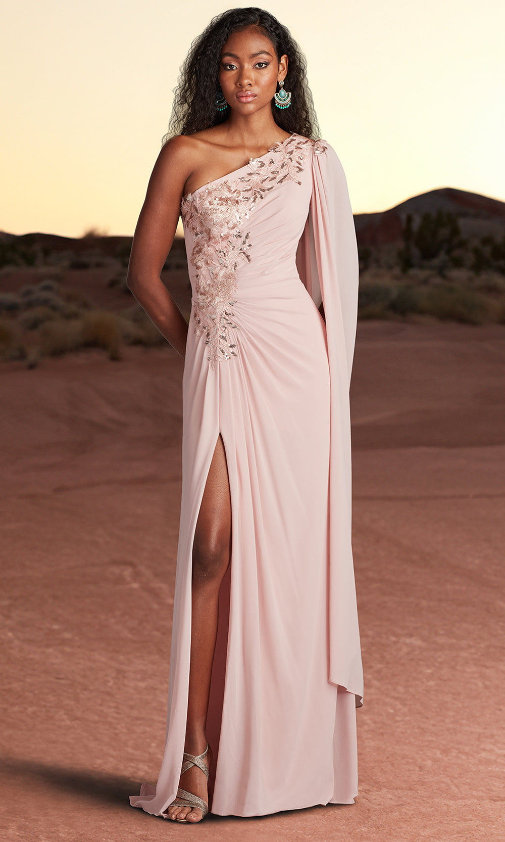 Tadashi Shoji CHS25368L - Sonora Cape Sleeve One Shoulder Gown Prom Dresses in Pink  