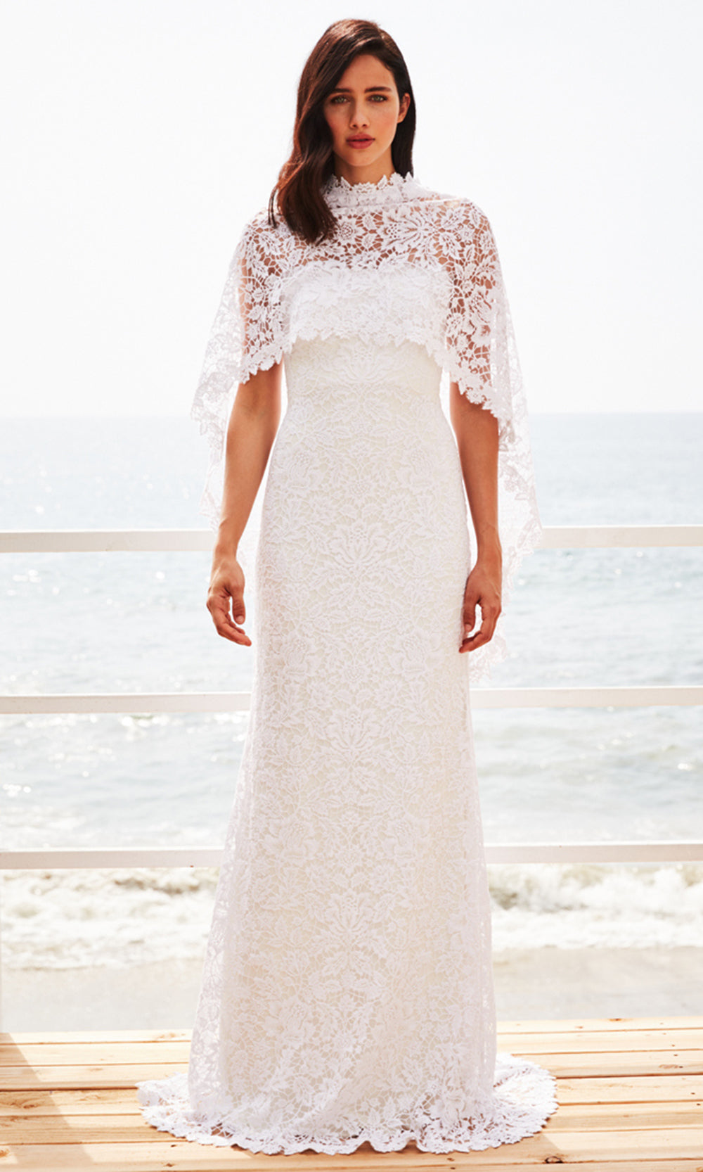 Tadashi Shoji BCR18860LBR - Raleigh Strapless Capelet Sheath Long Gown Wedding Dresses in White  
