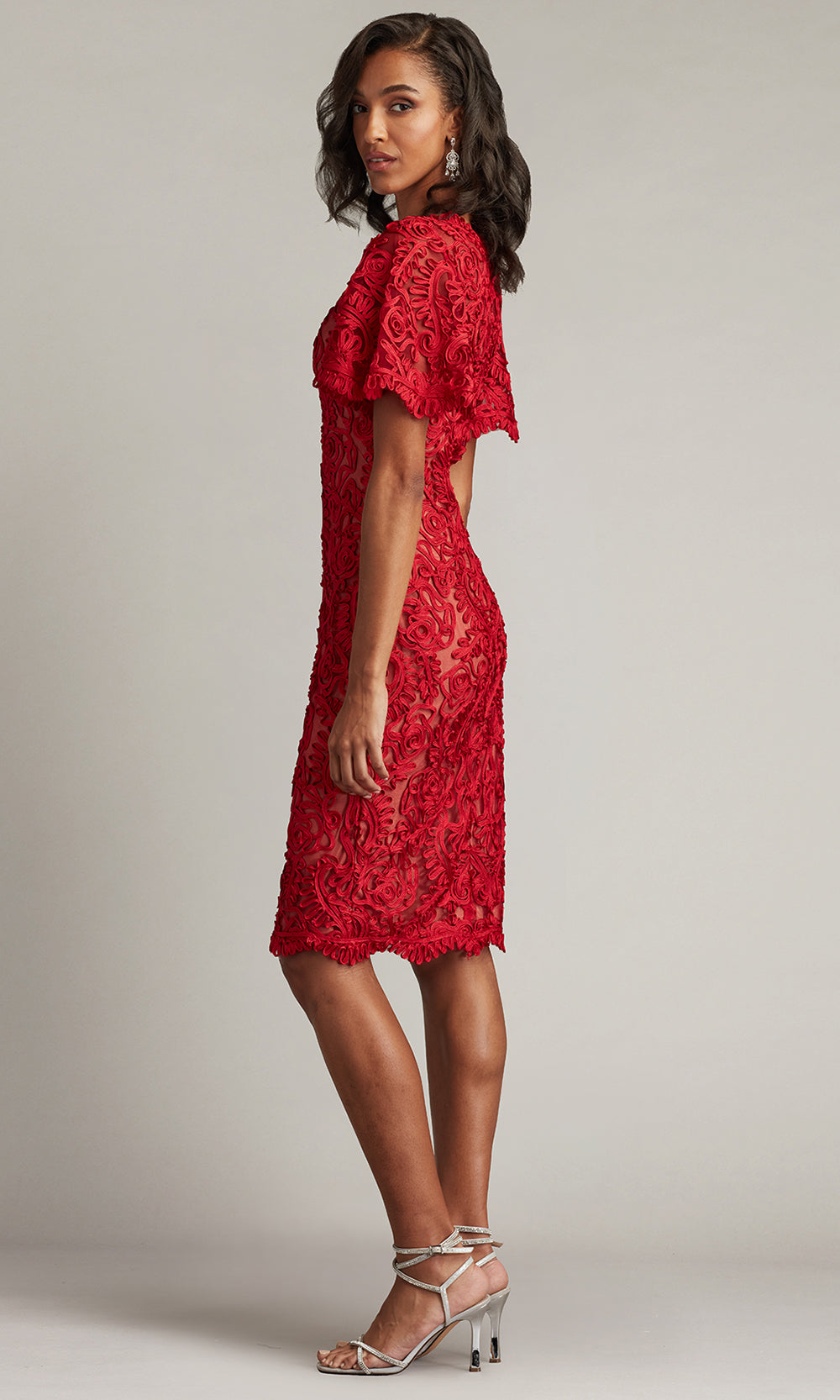 Tadashi Shoji CIM24647M - Arnett Embroidered Flutter Sleeve Knee-Length Dress Wedding Guest in Red and Neutral
