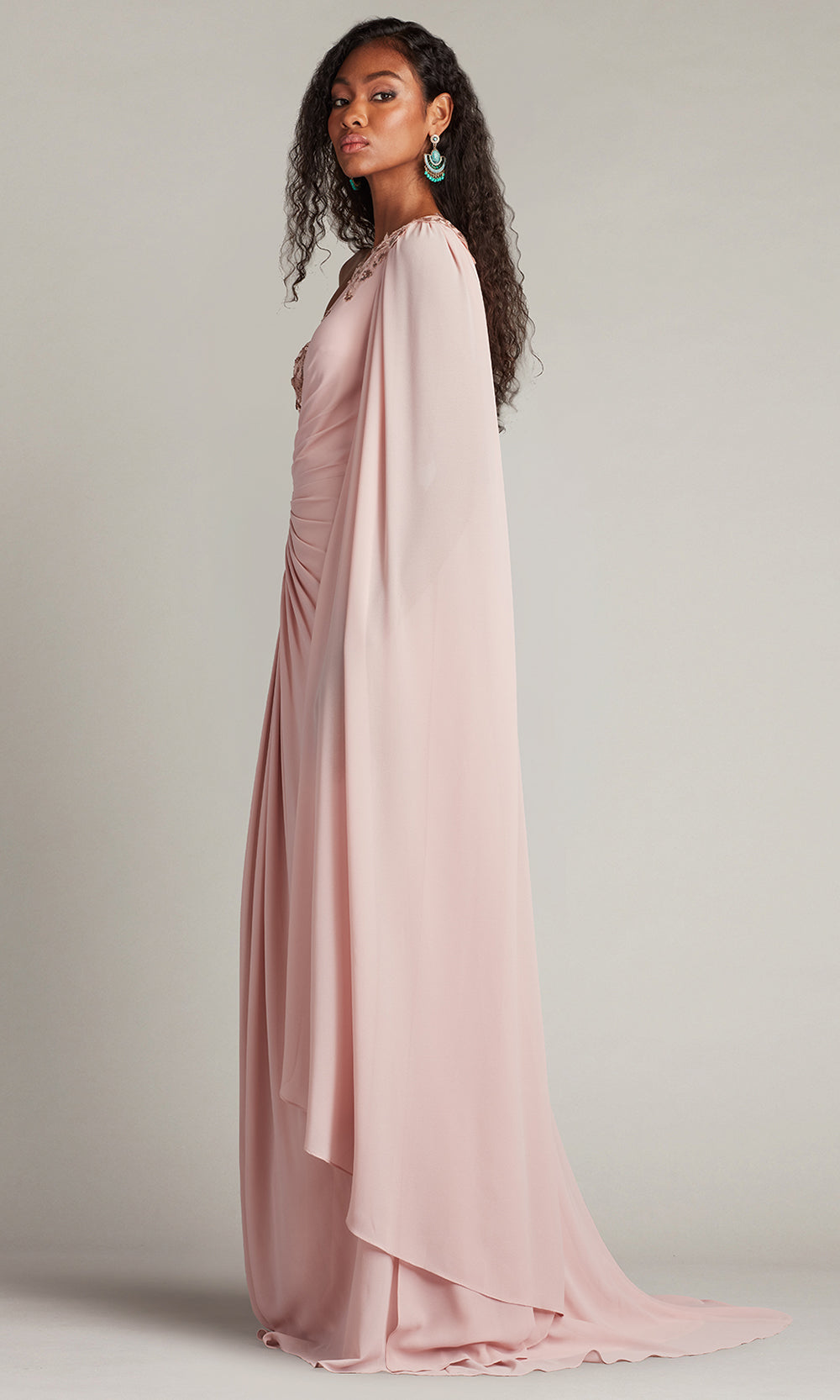 Tadashi Shoji CHS25368L - Sonora Cape Sleeve One Shoulder Gown Prom Dresses in Pink  