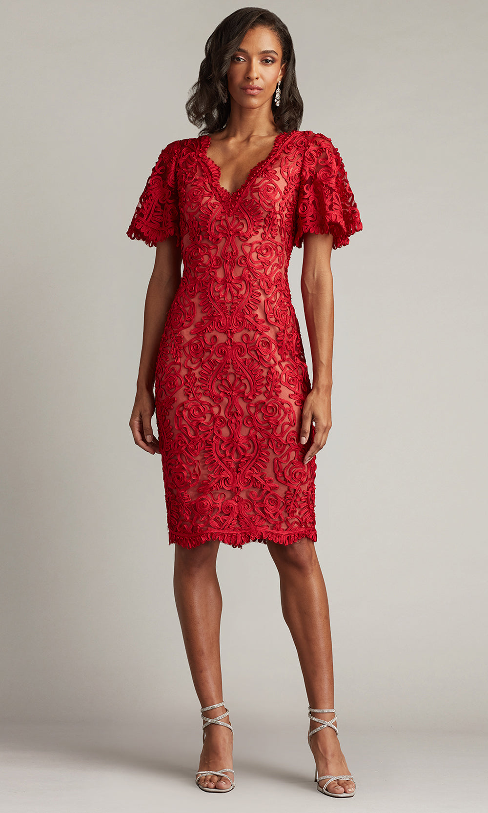 Tadashi Shoji CIM24647M - Arnett Embroidered Flutter Sleeve Knee-Length Dress Wedding Guest in Red and Neutral