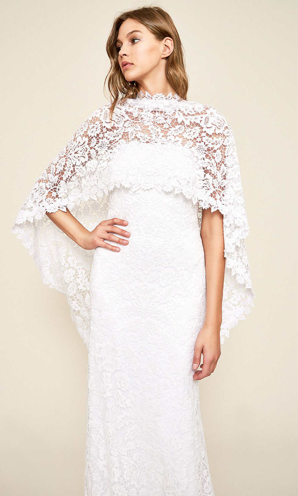 Tadashi Shoji BCR18860LBR - Raleigh Strapless Capelet Sheath Long Gown Wedding Dresses in White  