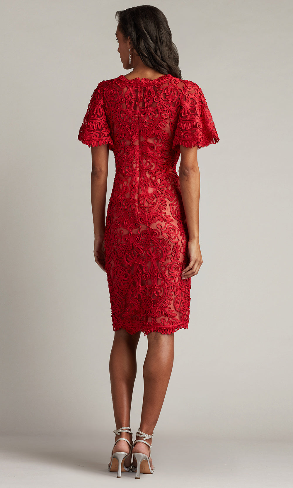 Tadashi Shoji CIM24647M - Arnett Embroidered Flutter Sleeve Knee-Length Dress Wedding Guest in Red and Neutral