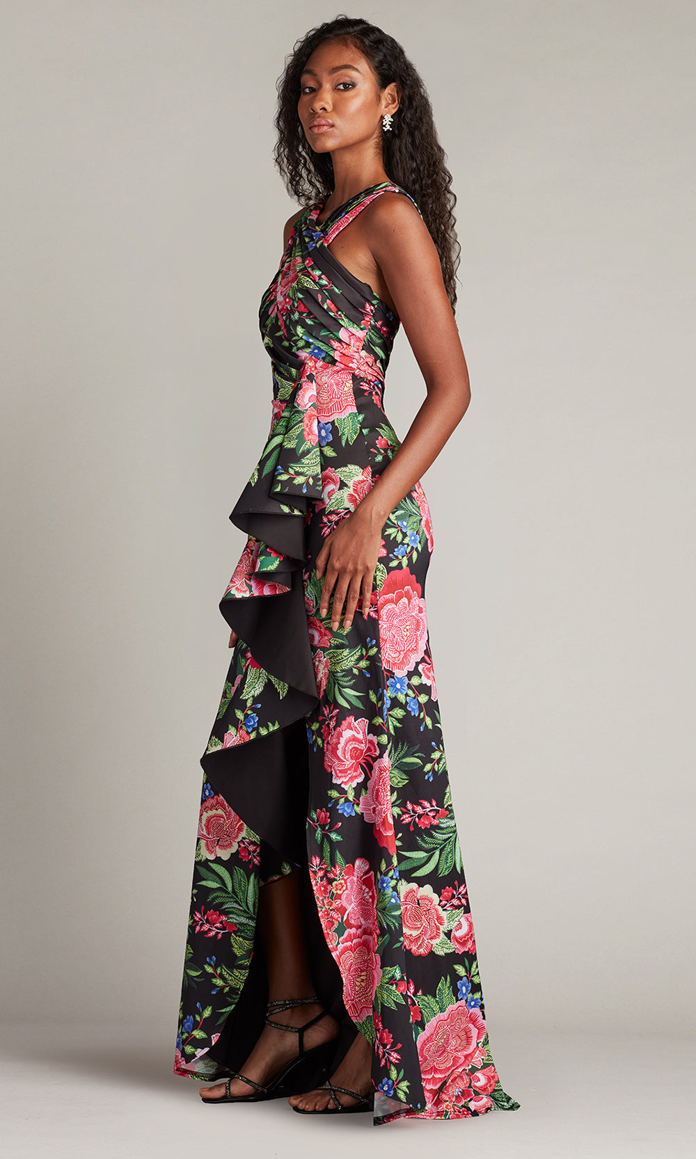 Tadashi Shoji Elarra Floral Waterfall Flounce Gown Tadashi Shoji Elarra Floral Waterfall Flounce Gown