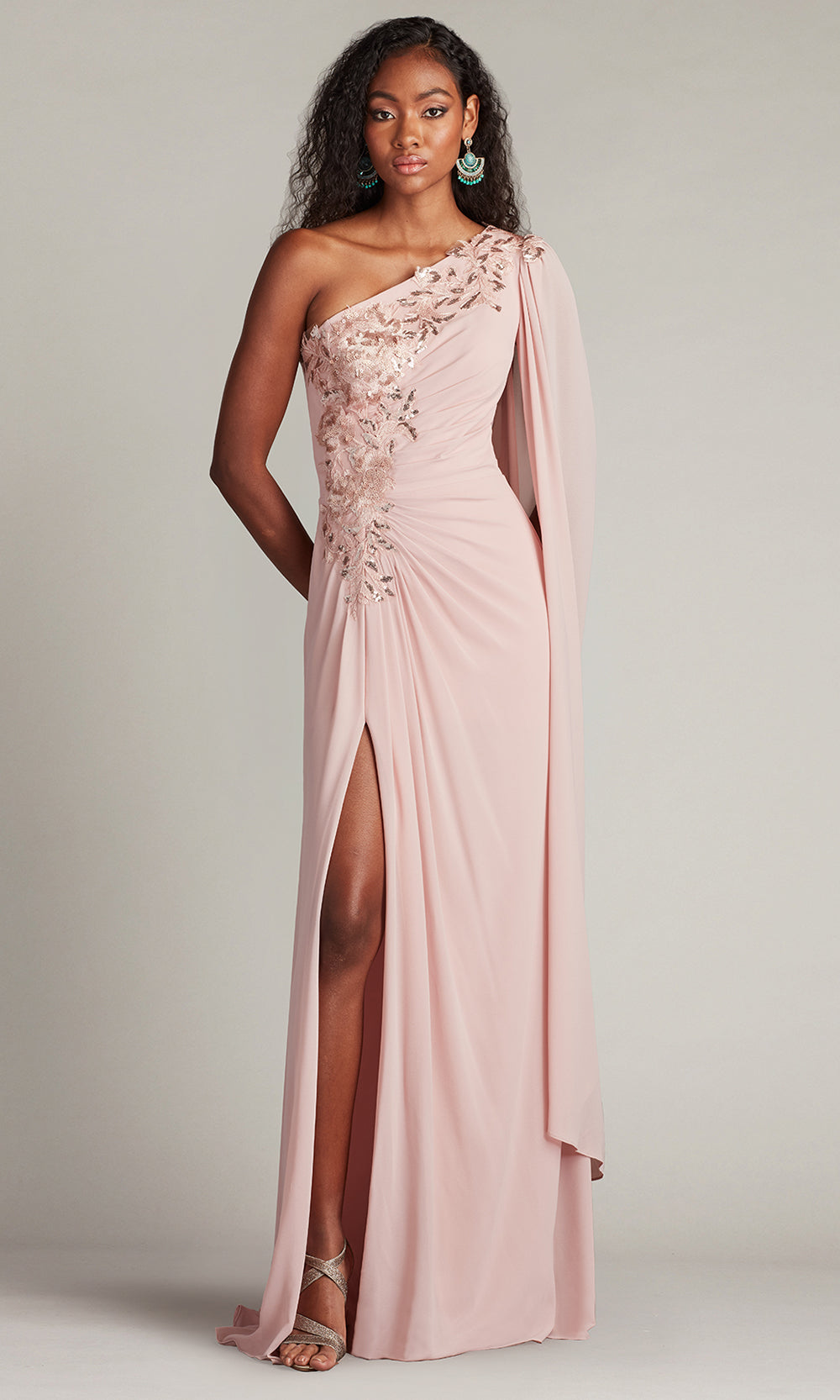 Tadashi Shoji CHS25368L - Sonora Cape Sleeve One Shoulder Gown Prom Dresses in Pink  