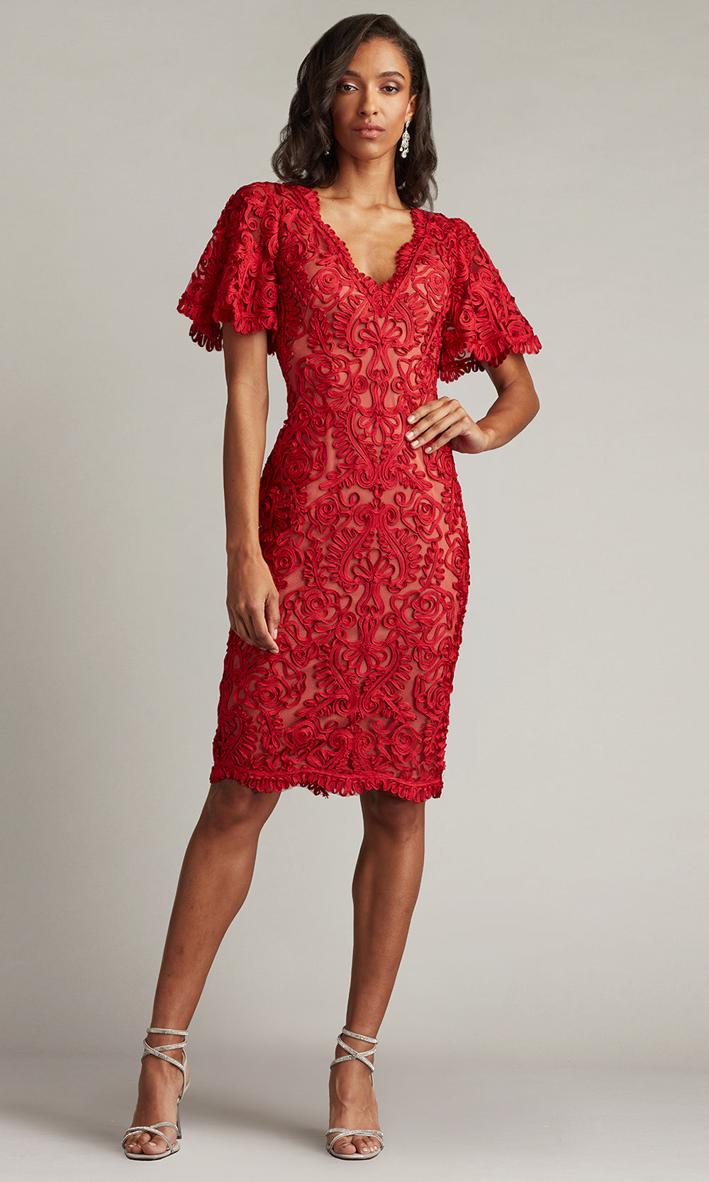 Tadashi Shoji CIM24647M - Arnett Embroidered Flutter Sleeve Knee-Length Dress Wedding Guest in Red and Neutral