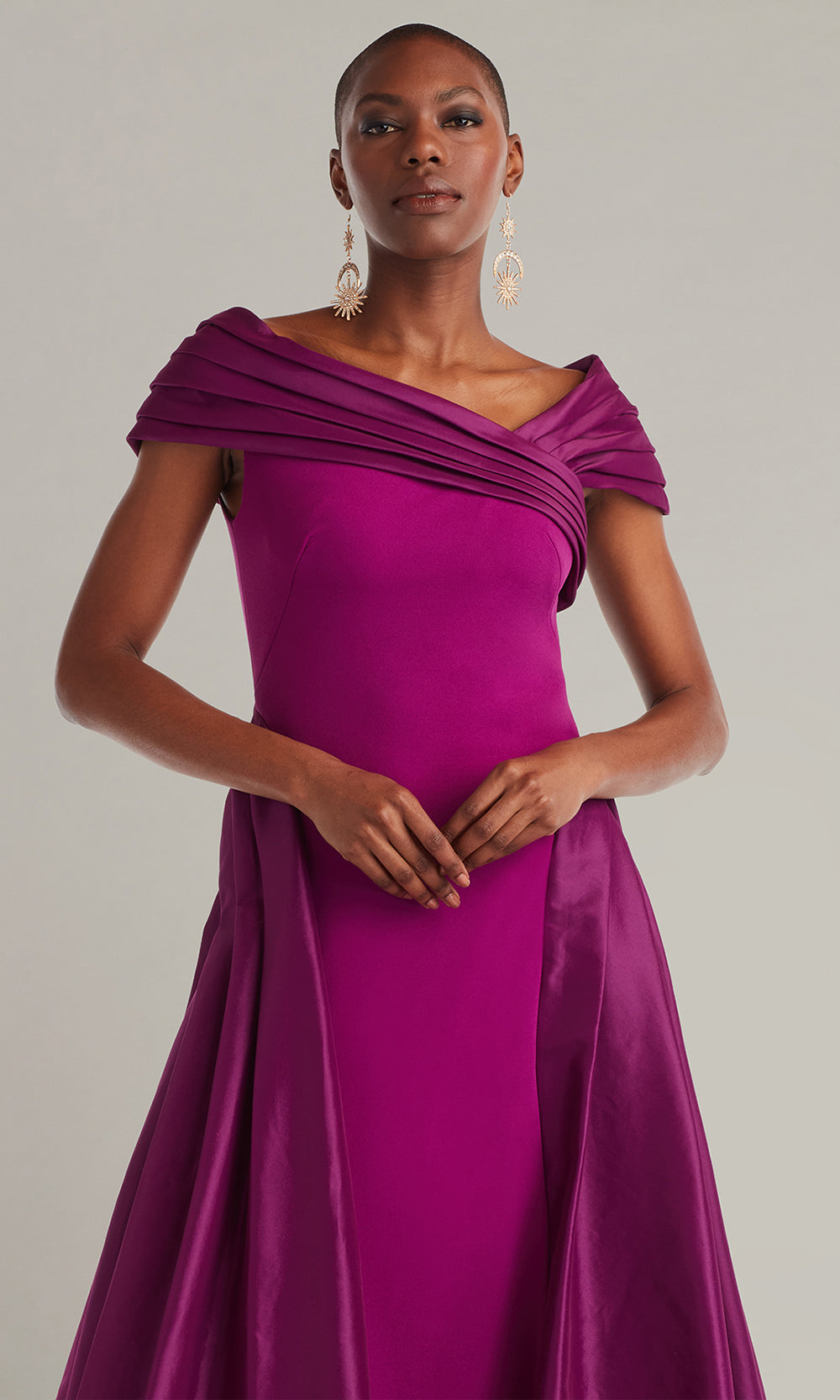 Tadashi Shoji CY25317L - Off Shoulder Blanka Draped Contrast Taffeta Ball Gown Mother of the Bride Dresses in Purple  