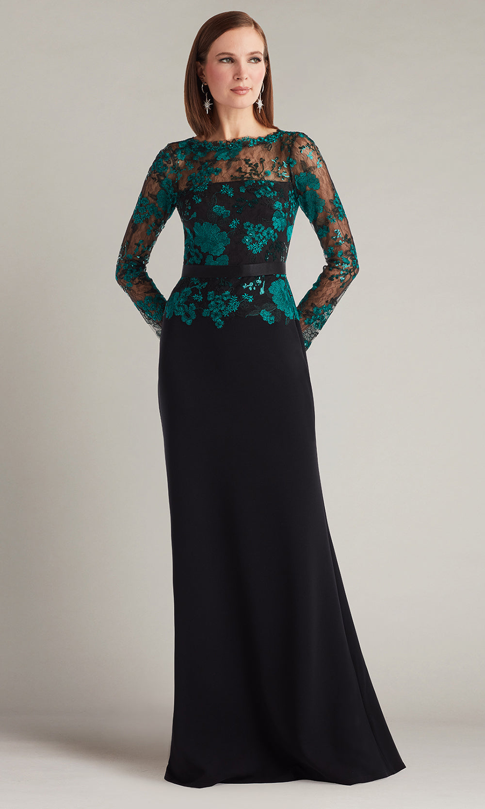 Tadashi Shoji CGU25804L - Beacon Belted Embroidered Illusion Sheath Gown Formal Gowns