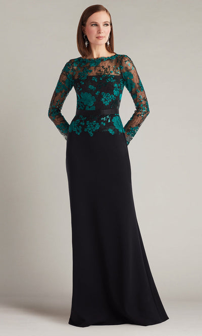 Tadashi Shoji CGU25804L - Beacon Belted Embroidered Illusion Sheath Gown Formal Gowns