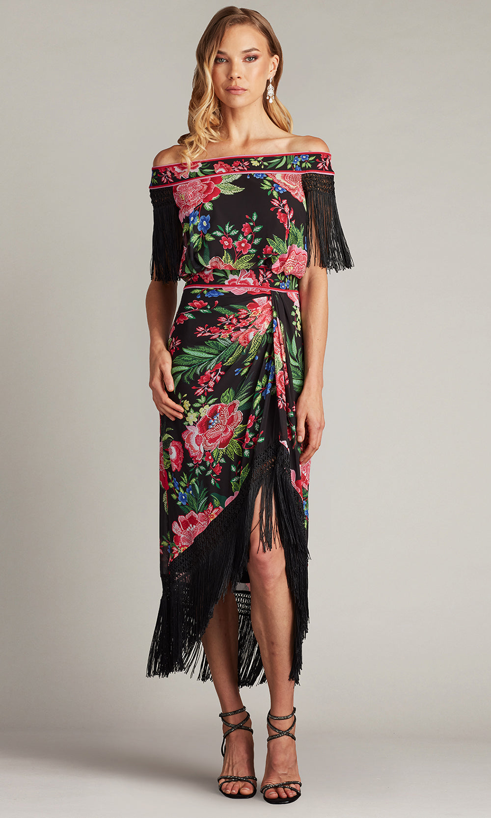 Tadashi Shoji CHZ25454MD - Off Shoulder Kaiser Floral Fringe Midi Dress Cocktail Dresses in Black and Multi