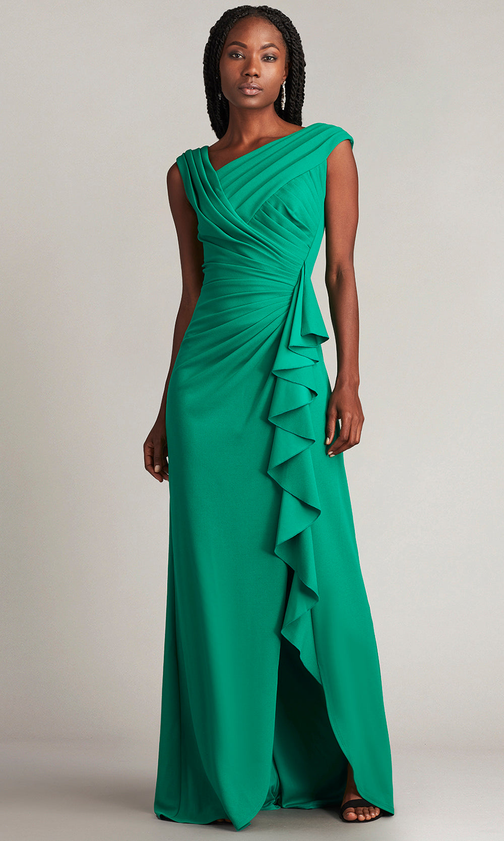 Tadashi Shoji BOS24245L Long Textured Crepe Sheath Dress Pleated Details Cap Sleeves Ruffle Side Details V Open Back High Slit Sweep Train ADASA