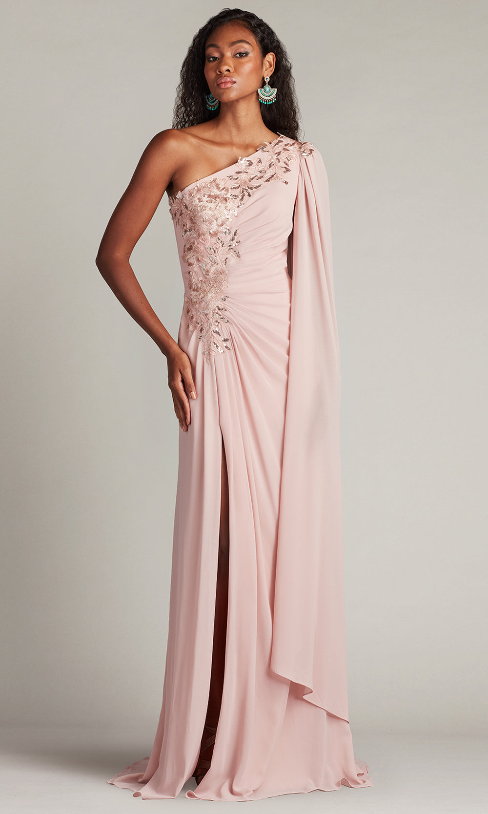 Tadashi Shoji CHS25368L - Sonora Cape Sleeve One Shoulder Gown Prom Dresses in Pink  