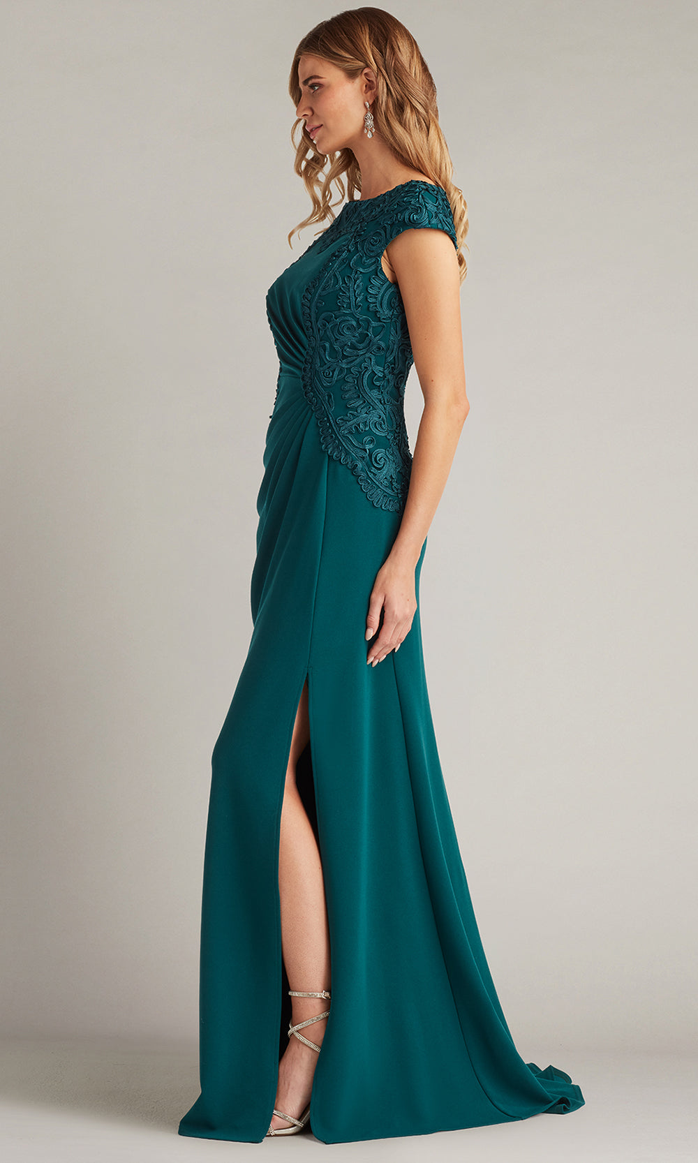 Tadashi Shoji CIM24581L - Bateau Neck Embroidered Applique Gown Mother of the Bride Dresses in Green  