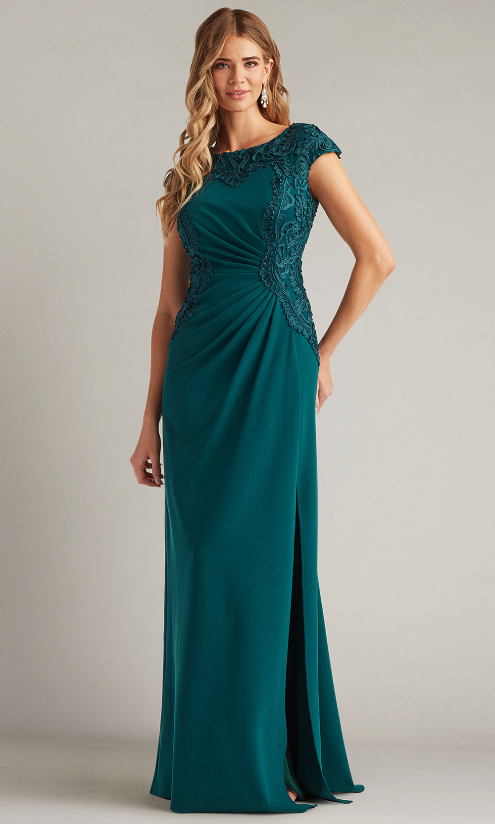 Tadashi Shoji CIM24581L - Bateau Neck Embroidered Applique Gown Mother of the Bride Dresses in Green  