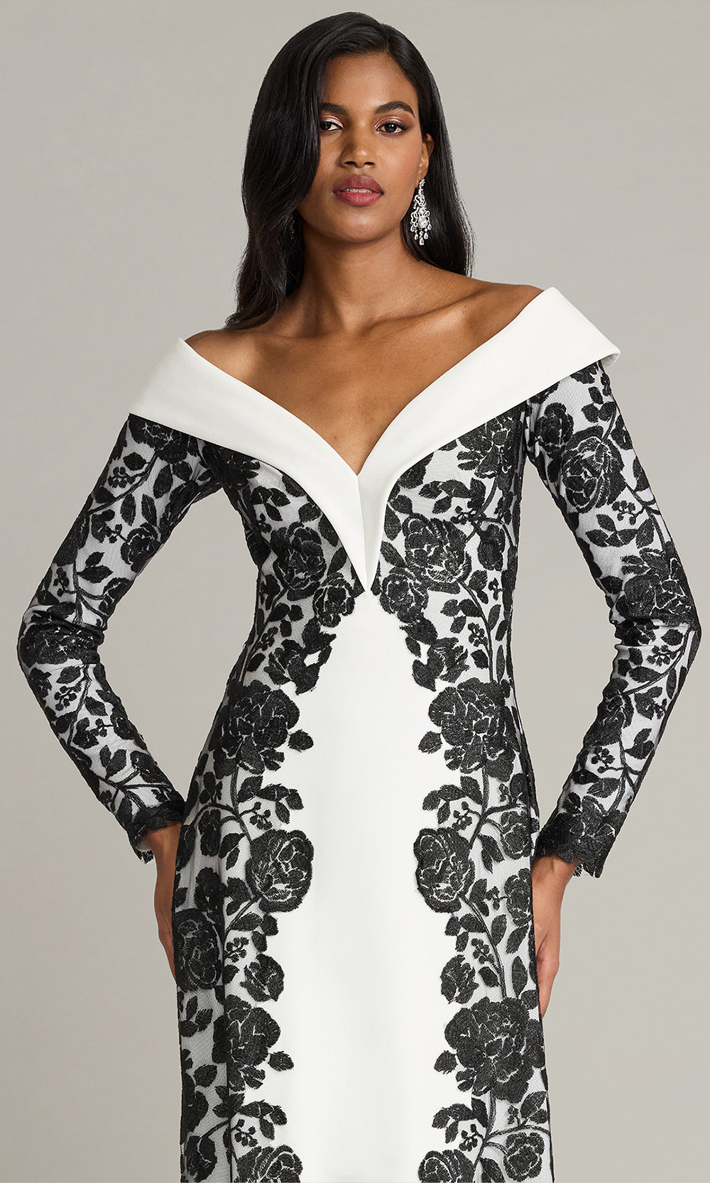 Tadashi Shoji CJH26120L - Melara Off-Shoulder Embroidered Crepe Formal Gown Formal Gowns in Black and White