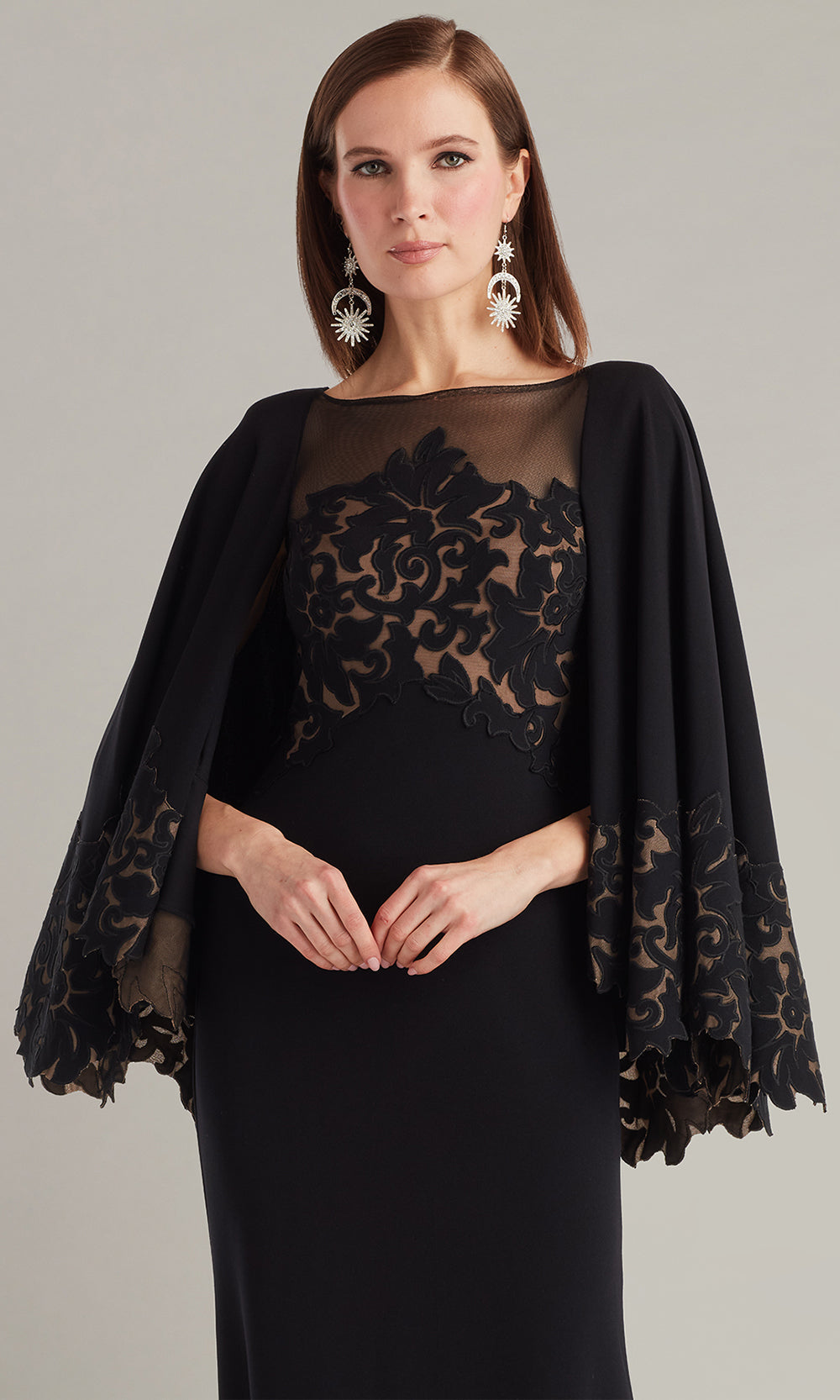 Tadashi Shoji CIN25506L - Delgado Laser-Cut Capelet Sheath Long Gown Mother of the Bride Dresses in Black and Neutral