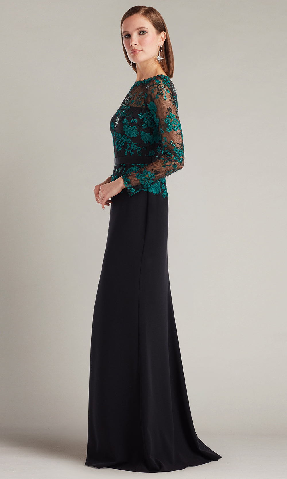 Tadashi Shoji CGU25804L - Beacon Belted Embroidered Illusion Sheath Gown Formal Gowns