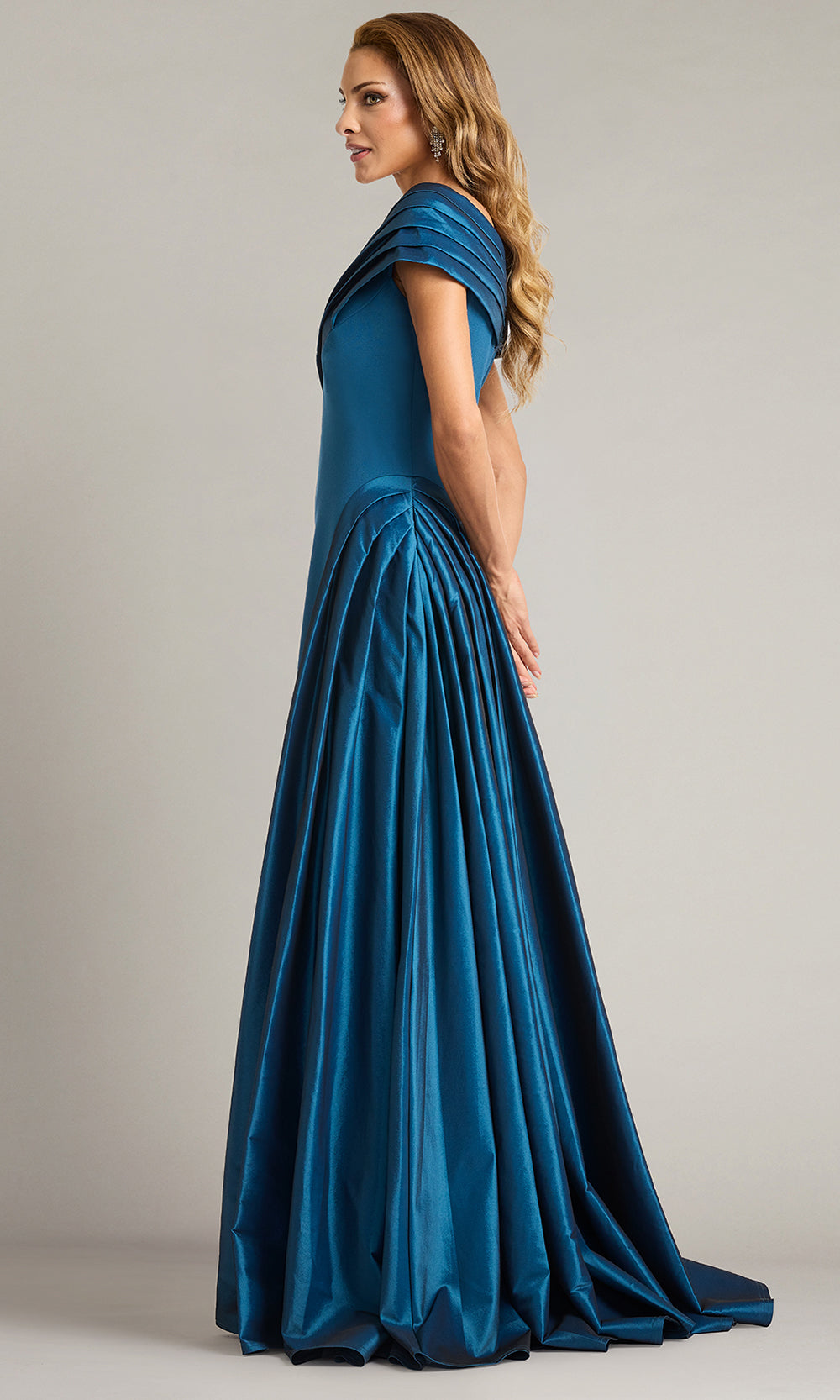 Tadashi Shoji BOS25530L - Off Shoulder Elysian Draped Overlay Train Gown Prom Dresses in Cerulean  