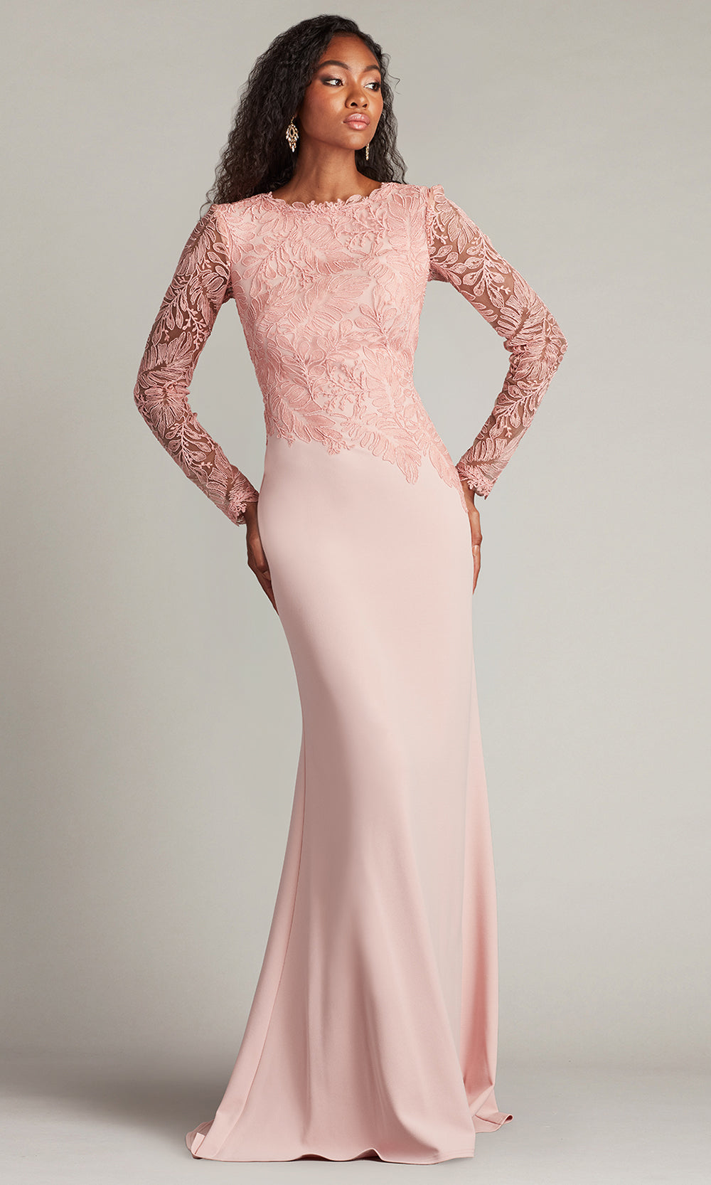 Tadashi Shoji CHU16206LXY - Caliste Embroidered Crepe Long Sleeve Gown Prom Dresses in Pink  