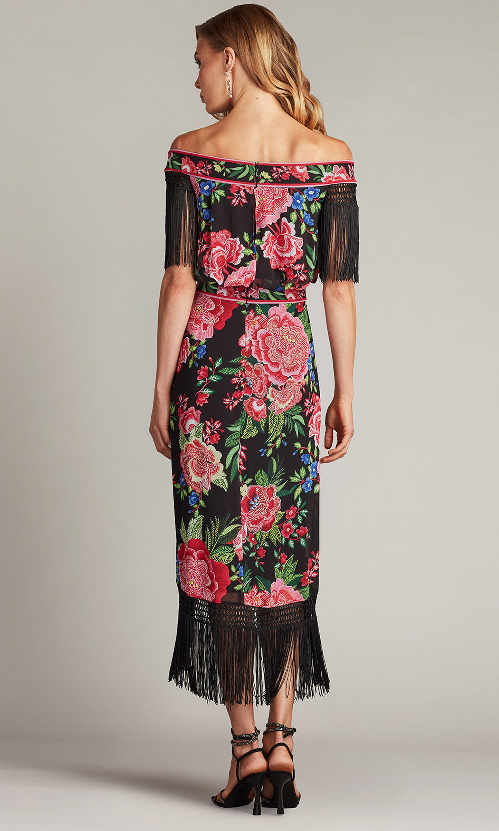 Tadashi Shoji CHZ25454MD - Off Shoulder Kaiser Floral Fringe Midi Dress Cocktail Dresses in Black and Multi
