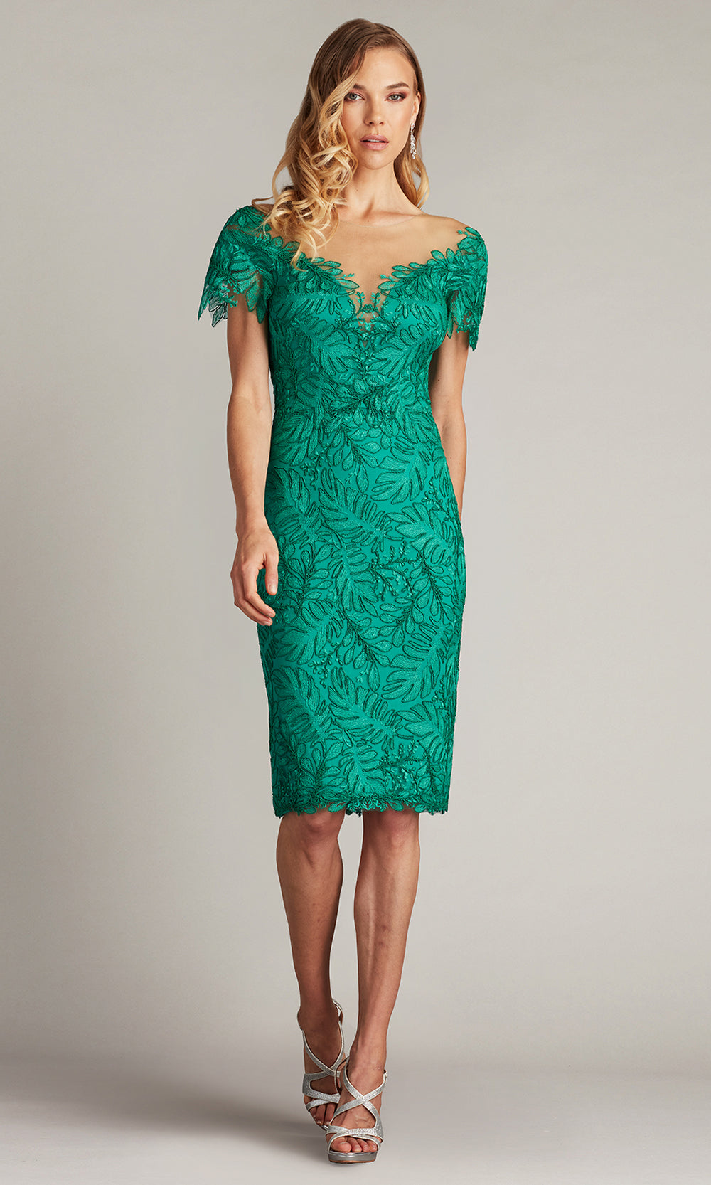 Tadashi Shoji CHU25419MX - Illusion Jewel Burgess Embroidered Lace Dress Mother of the Bride Dresses in Green  