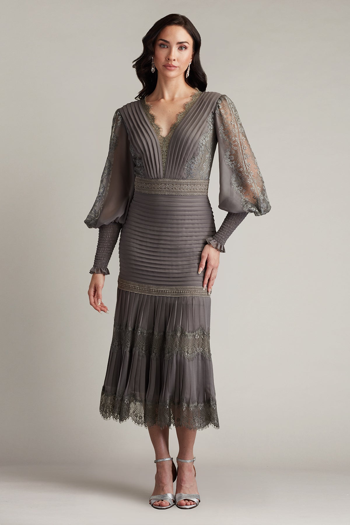Tadashi Shoji YV21070MD - Lace V-Neck Tea-Length Dress