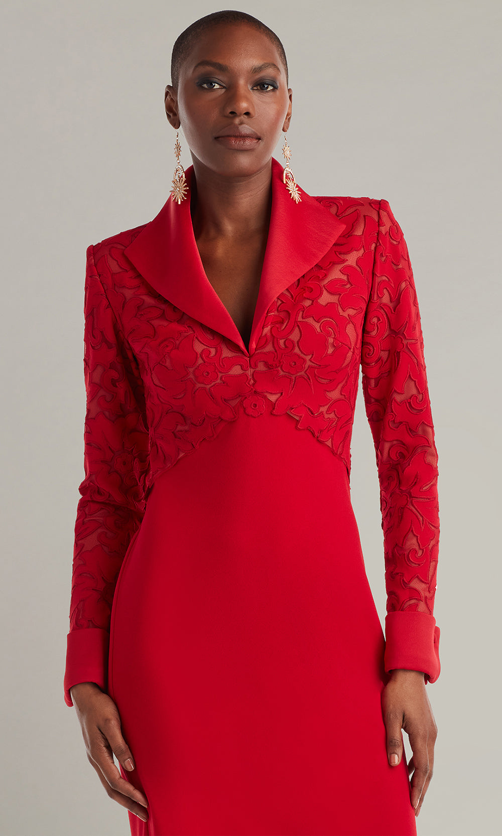 Tadashi Shoji CIN22896M - Rovet Collar Long Sleeve Knee-Length Dress Cocktail Dresses in Red and Neutral