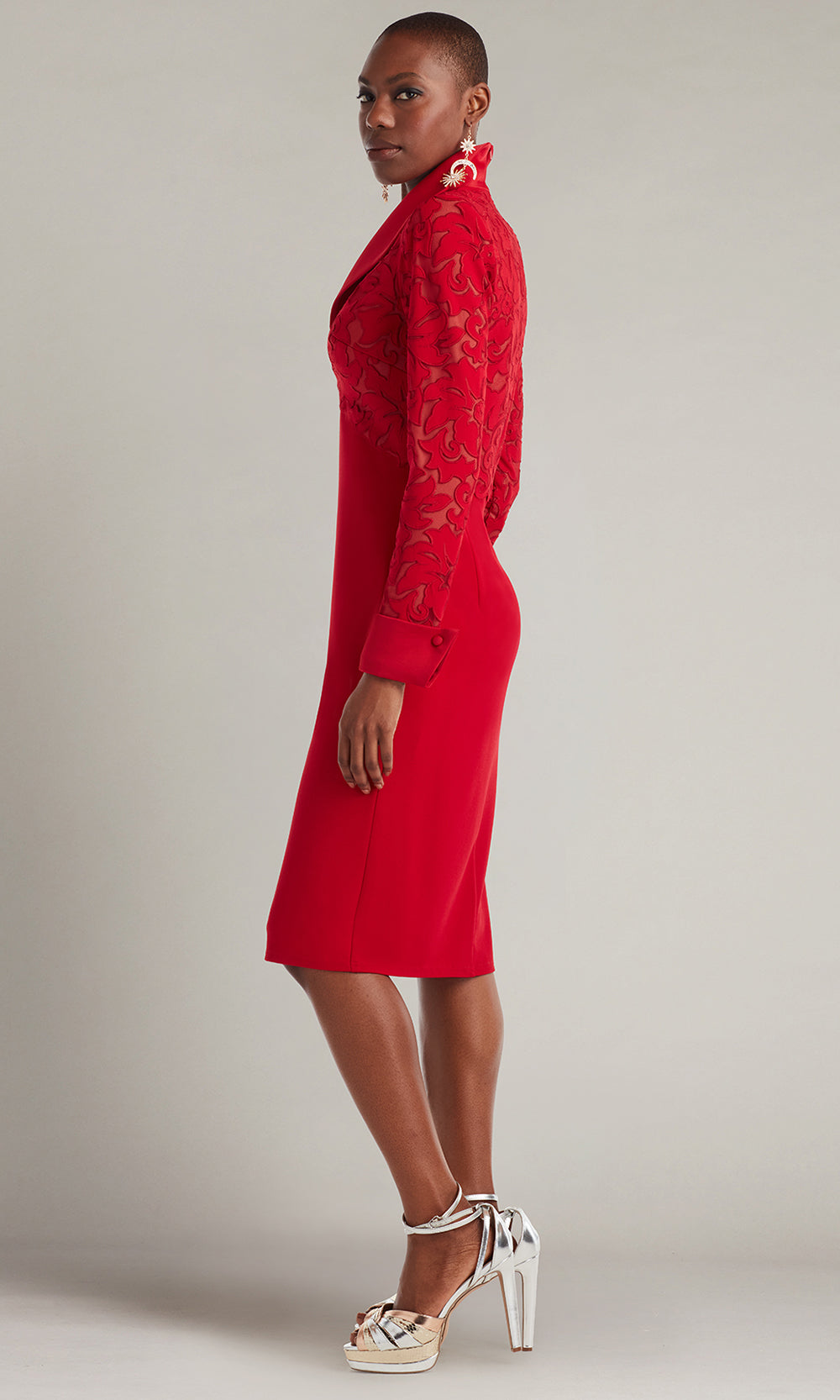 Tadashi Shoji CIN22896M - Rovet Collar Long Sleeve Knee-Length Dress Cocktail Dresses in Red and Neutral