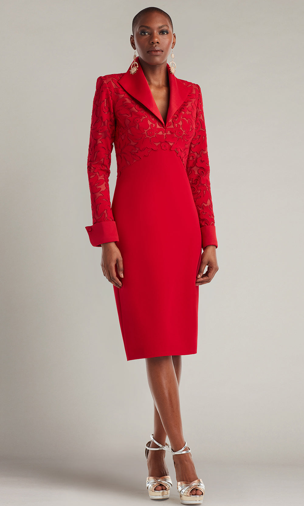 Tadashi Shoji CIN22896M - Rovet Collar Long Sleeve Knee-Length Dress Cocktail Dresses in Red and Neutral