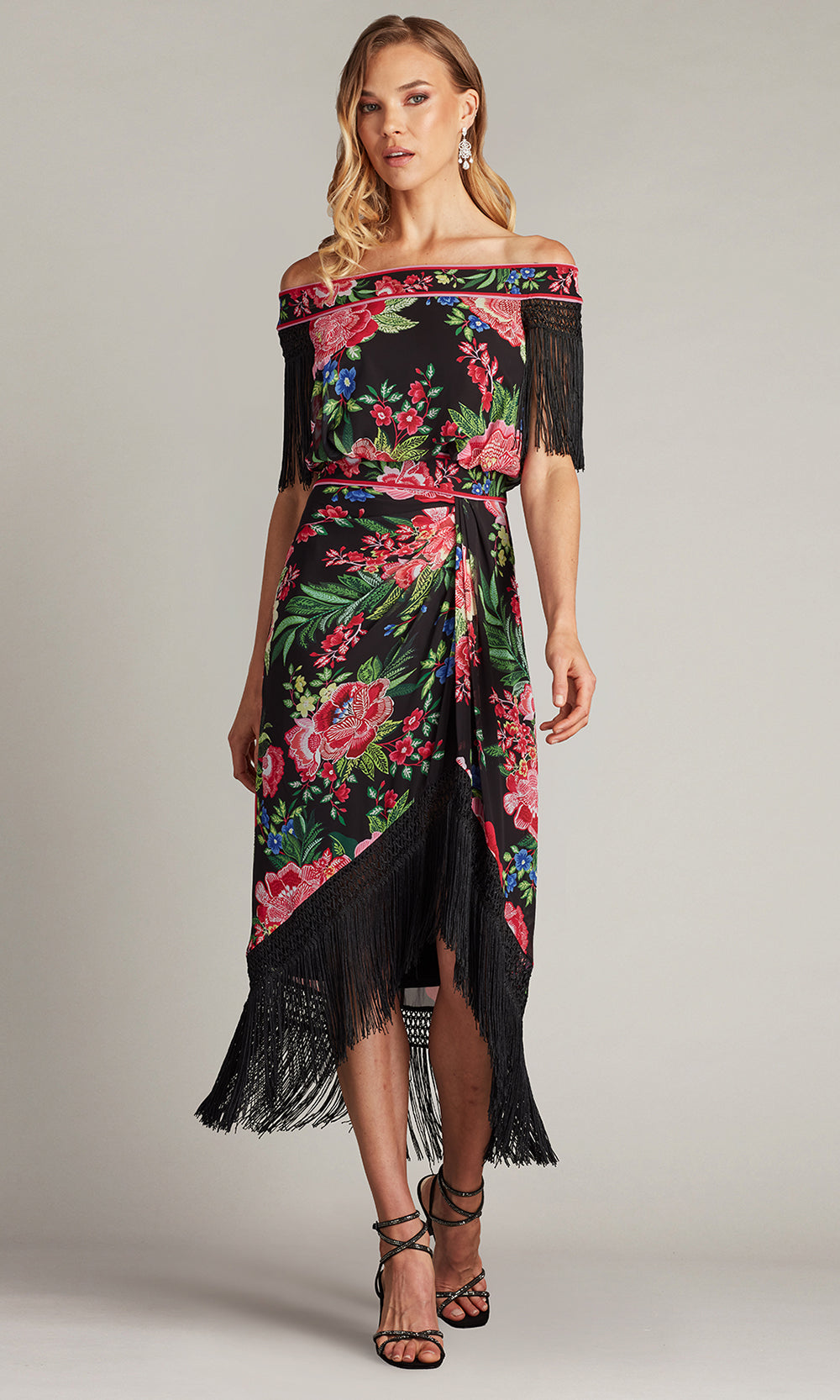 Tadashi Shoji CHZ25454MD - Off Shoulder Kaiser Floral Fringe Midi Dress Cocktail Dresses in Black and Multi