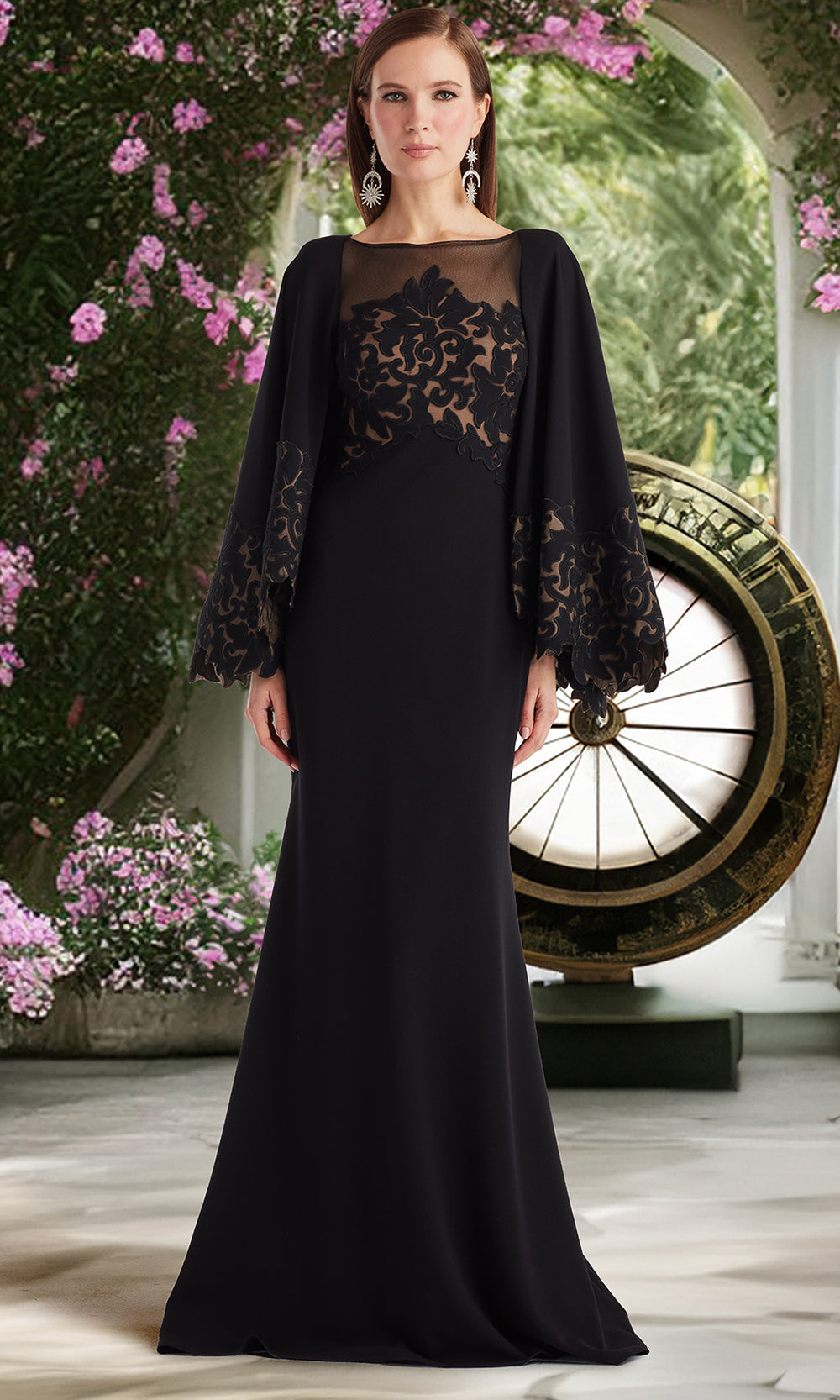 Tadashi Shoji CIN25506L - Delgado Laser-Cut Capelet Sheath Long Gown Mother of the Bride Dresses in Black and Neutral