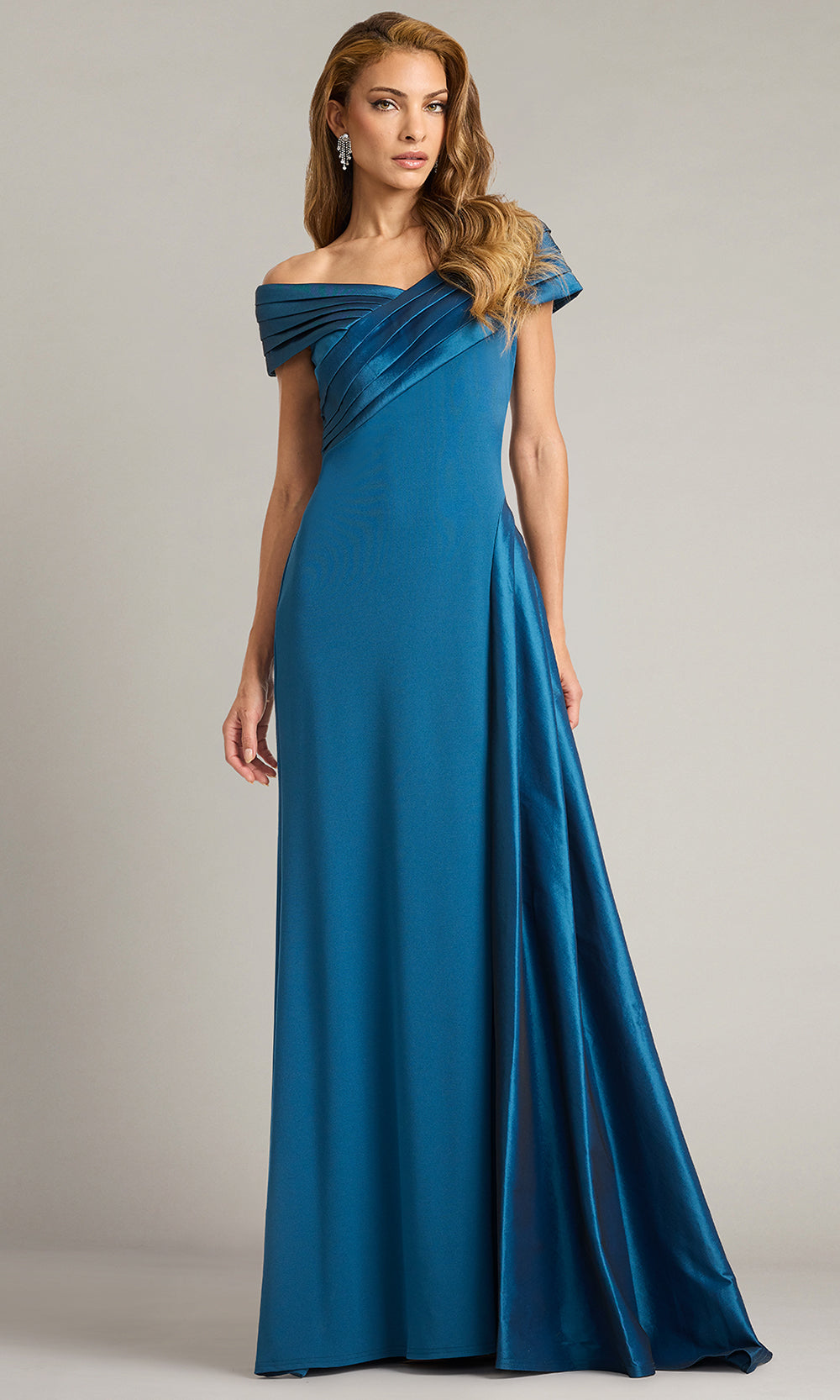 Tadashi Shoji BOS25530L - Off Shoulder Elysian Draped Overlay Train Gown Prom Dresses in Cerulean  