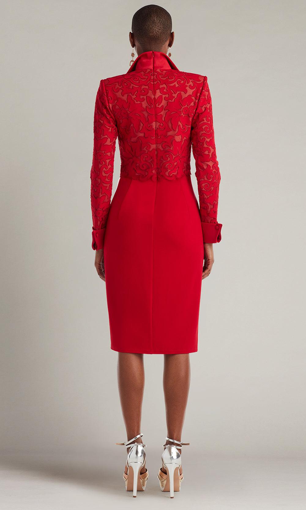 Tadashi Shoji CIN22896M - Rovet Collar Long Sleeve Knee-Length Dress Cocktail Dresses in Red and Neutral