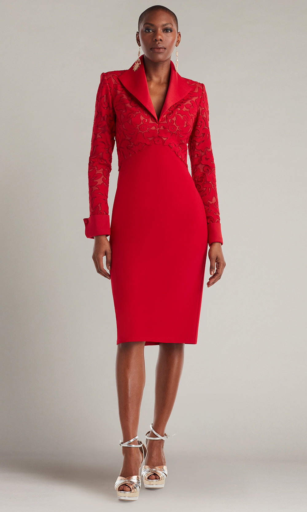 Tadashi Shoji CIN22896M - Rovet Collar Long Sleeve Knee-Length Dress Cocktail Dresses in Red and Neutral
