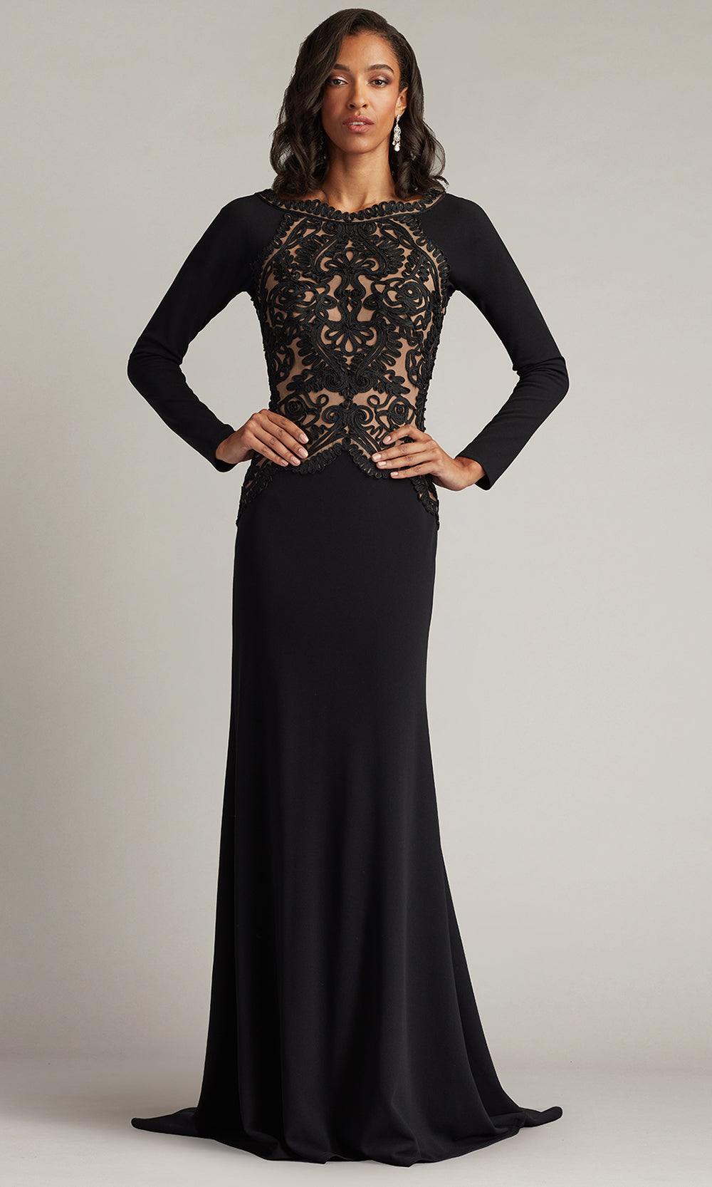 Tadashi Shoji CIM25396L - Nayana Embroidered Crepe Sheath Formal Gown Mother of the Bride Dresses in Black and Neutral