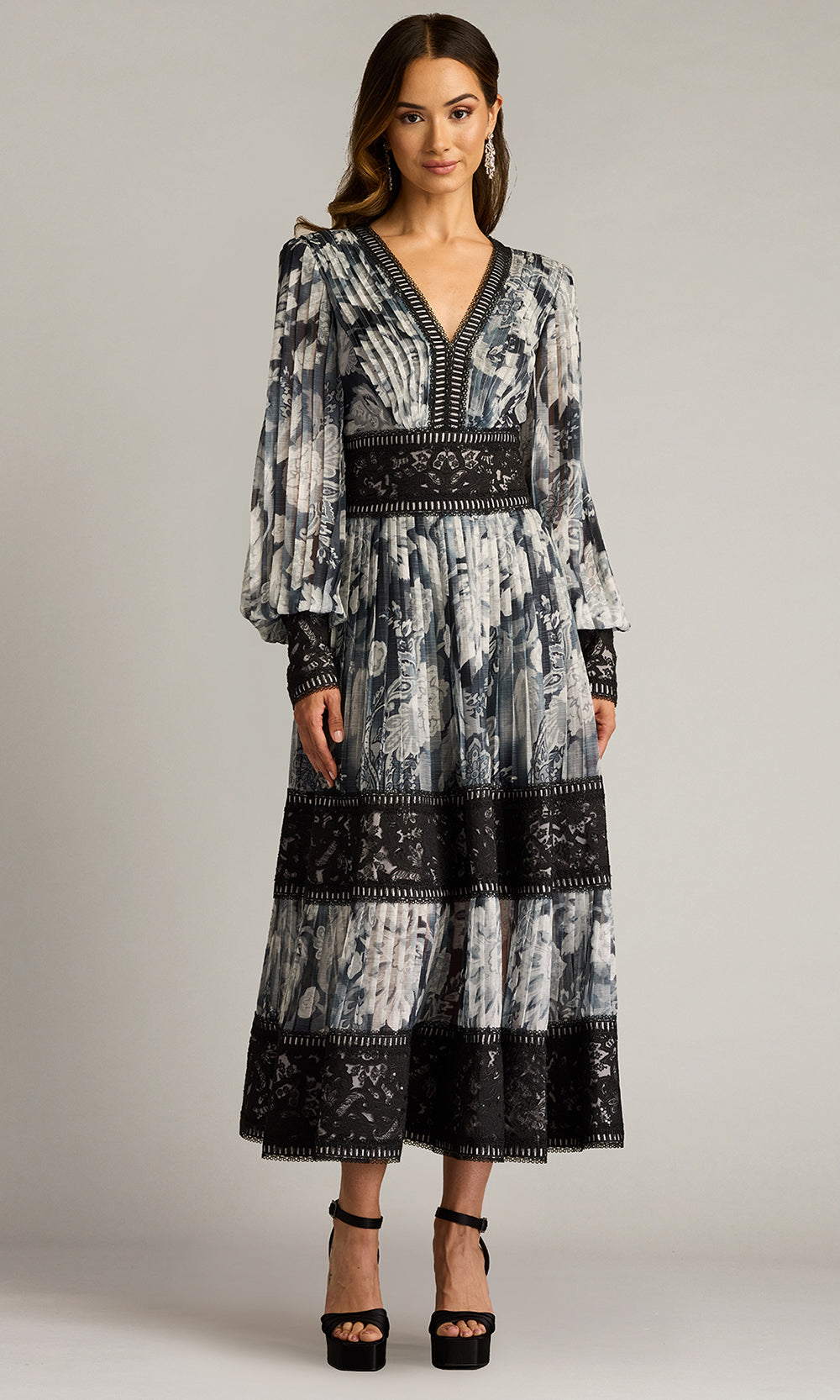 Tadashi Shoji CHP25186MD - Long Sleeve Derby Pleated Chiffon Midi Dress Wedding Guest in White and Black