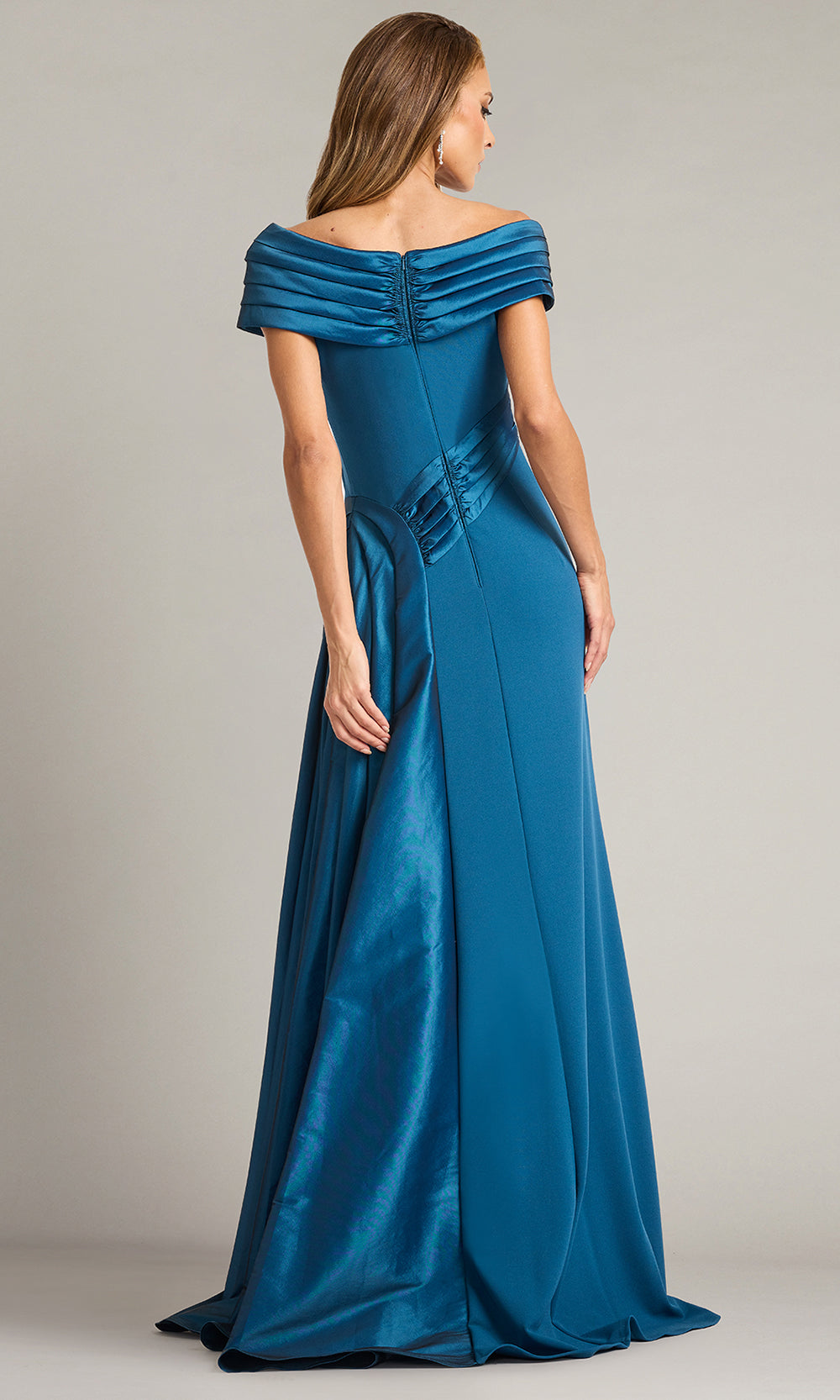 Tadashi Shoji BOS25530L - Off Shoulder Elysian Draped Overlay Train Gown Prom Dresses in Cerulean  