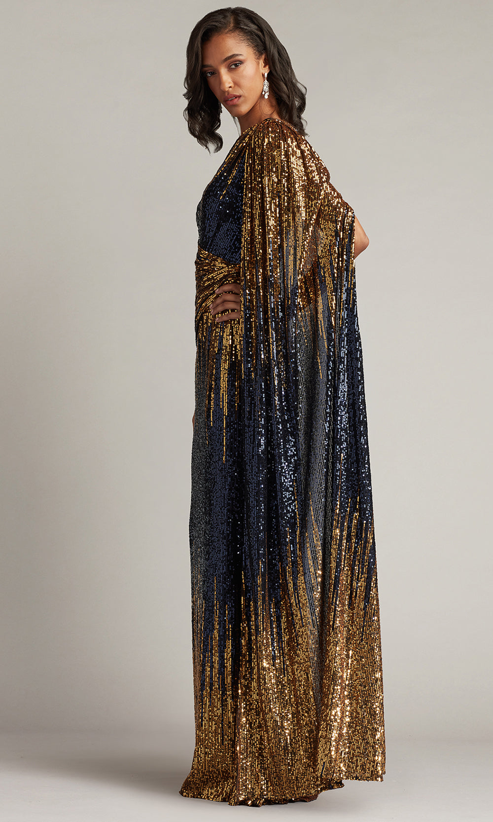 Tadashi Shoji CIR25437L - Marseille Sequin Cape-Sleeve One Shoulder Gown Prom Dresses in Blue  