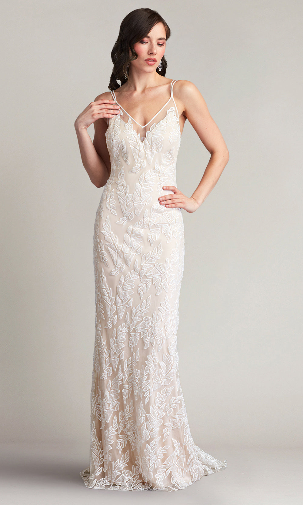 Tadashi Shoji BLB19789LBR - V-Neck Pippa Embroidered Tulle Strap Gown Bridal Dresses in White  