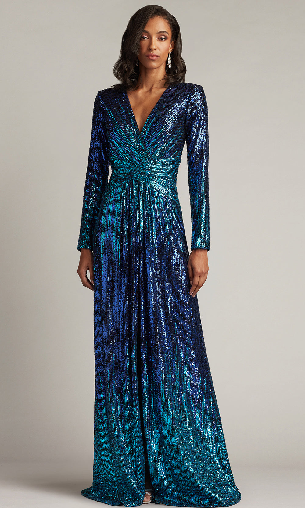 Tadashi Shoji CIR25443L - Ansel Sequin Long Sleeve High Slit Gown Mother of the Bride Dresses in Blue  