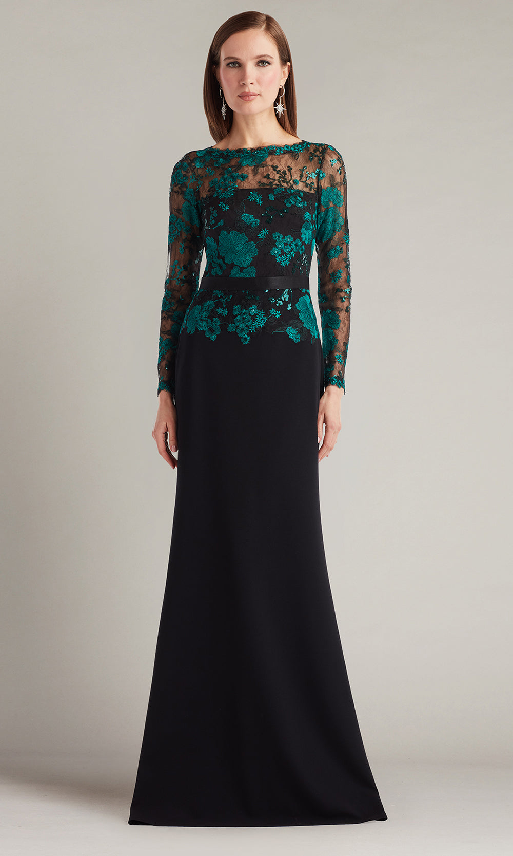 Tadashi Shoji CGU25804L - Beacon Belted Embroidered Illusion Sheath Gown Formal Gowns