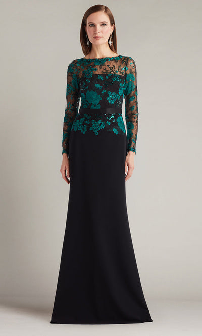 Tadashi Shoji CGU25804L - Beacon Belted Embroidered Illusion Sheath Gown Formal Gowns