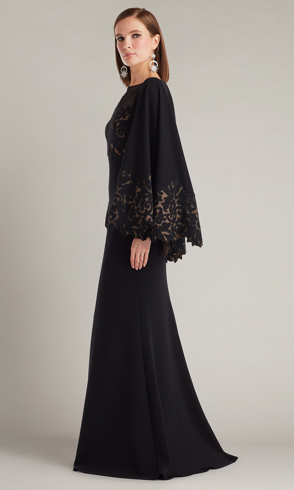 Tadashi Shoji CIN25506L - Delgado Laser-Cut Capelet Sheath Long Gown Mother of the Bride Dresses in Black and Neutral